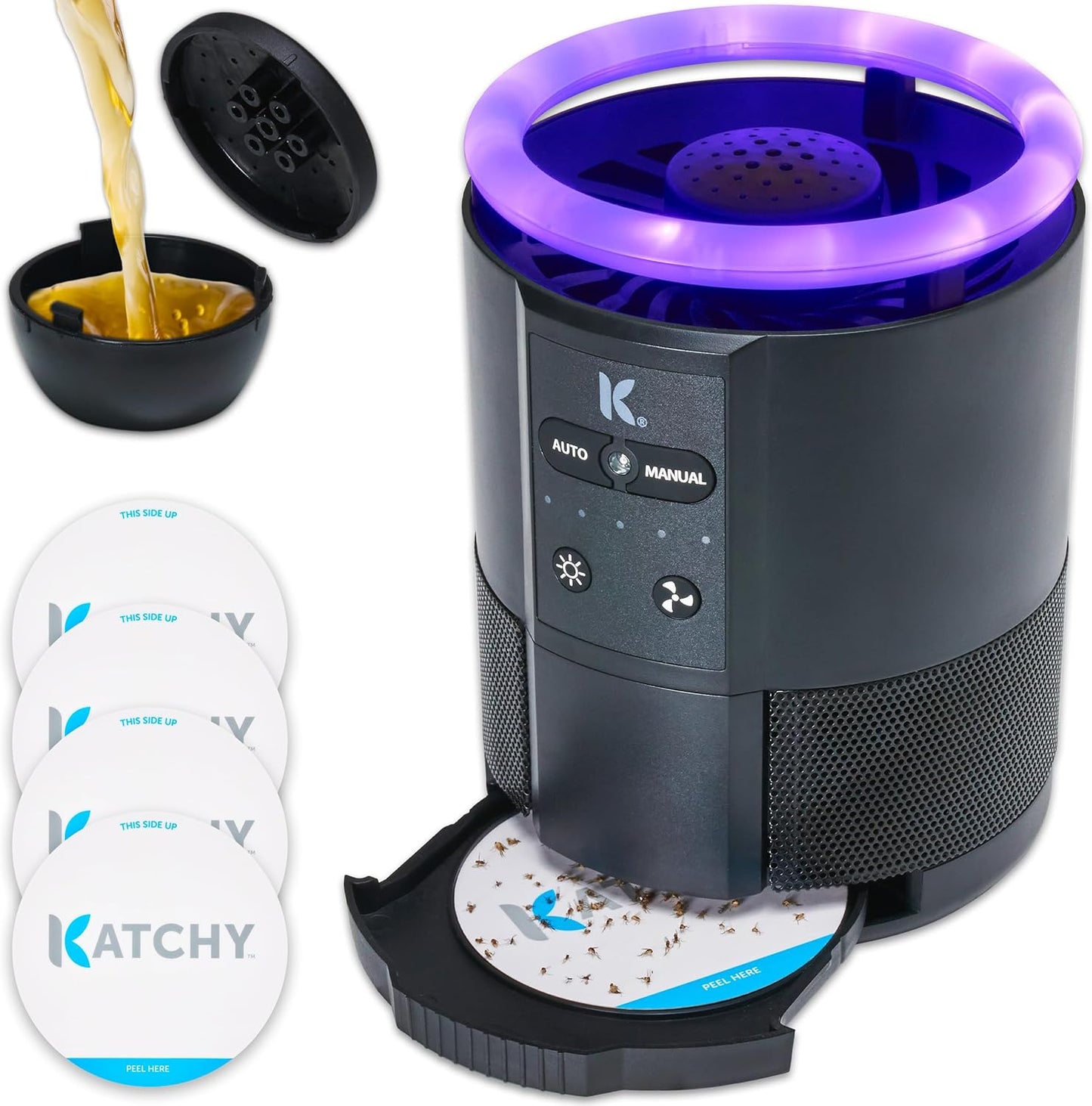 The Original Katchy Indoor Insect Trap - Fan Powered with UV Light - Fruit Fly Traps for Indoors - for Fruit Flies, Gnats, Mosquitoes, Moths (Black)