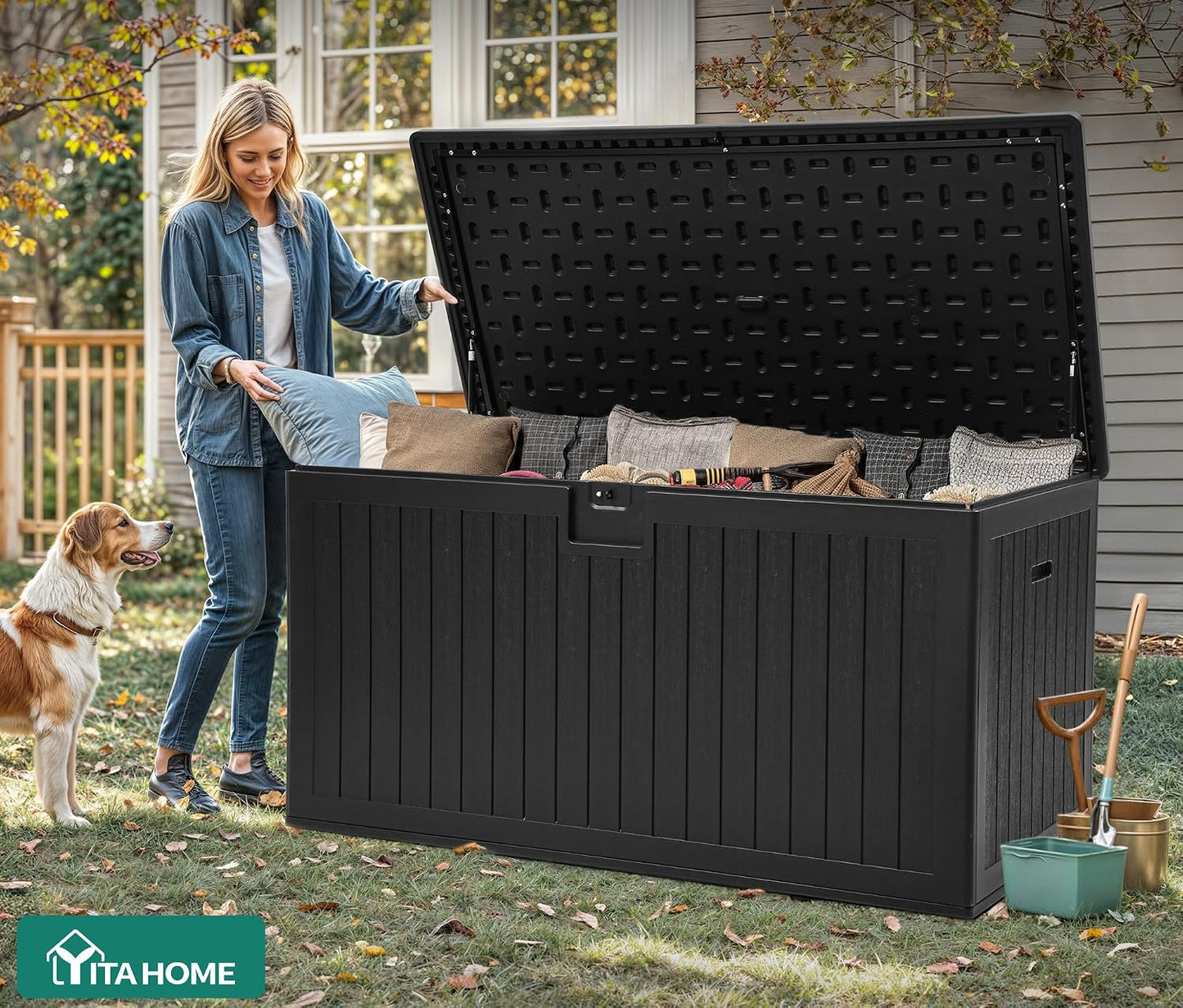 YITAHOME 100 Gallon Large Outdoor Deck Box | Waterproof Resin Storage Box, Lockable Indoor Outdoor Storage Container for Patio Furniture Cushions, Pool Accessories