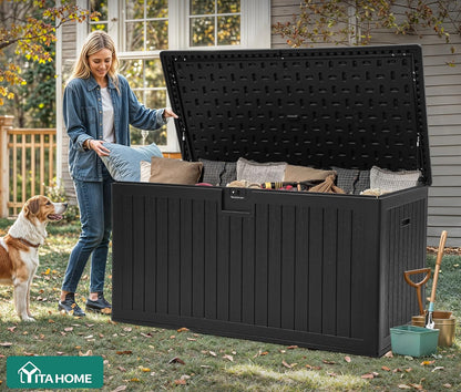 YITAHOME 100 Gallon Large Outdoor Deck Box | Waterproof Resin Storage Box, Lockable Indoor Outdoor Storage Container for Patio Furniture Cushions, Pool Accessories
