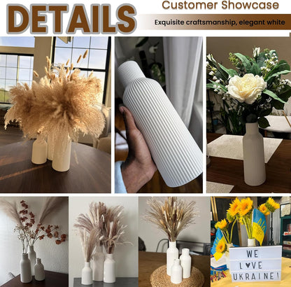 White Ceramic Flower Vases Set of 3, Modern Matte Vertical Ribbed, Nordic Minimalist Decor for Pampas, Dried & Fresh Flowers, Centerpiece for Living Room, Shelf, Entryway, Wedding,Office