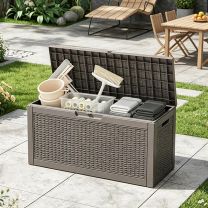 Outdoor Storage Box, Resin Deck Boxes Indoor and outdoor, Waterproof Storage Box Lockable Lid (Black, 85 Gallon)