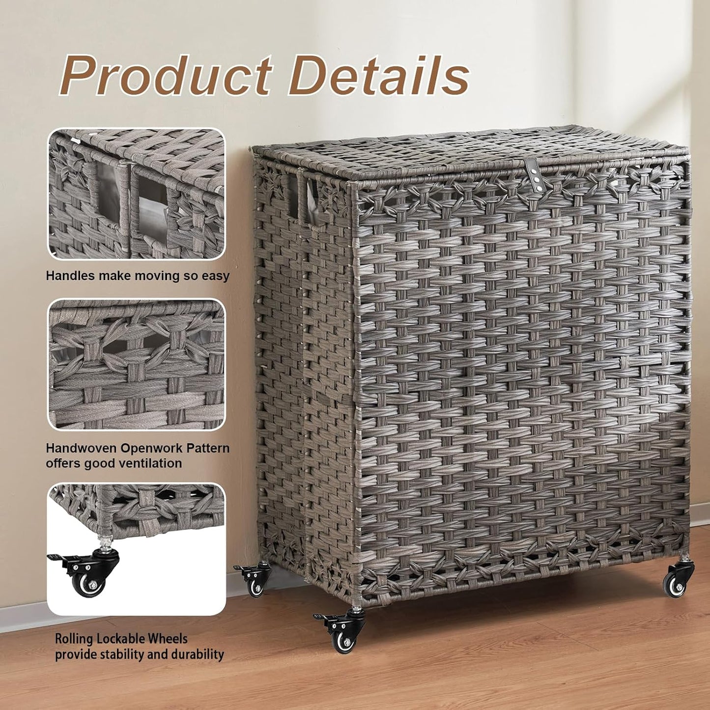 Laundry Hamper with Wheels&Lid, 50.2 Gallons(190L) Rolling Laundry Basket with Wheels, 3-Section Laundry Hamper, Handwoven Rattan Clothes Hamper with 6 Removable Liner& 3 Mesh Laundry Bags, Grey