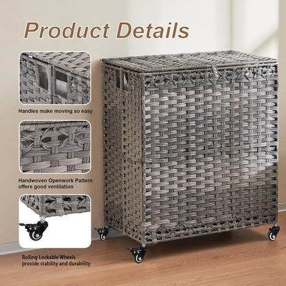 Laundry Hamper with Wheels&Lid, 50.2 Gallons(190L) Rolling Laundry Basket with Wheels, 3-Section Laundry Hamper, Handwoven Rattan Clothes Hamper with 6 Removable Liner& 3 Mesh Laundry Bags, Grey