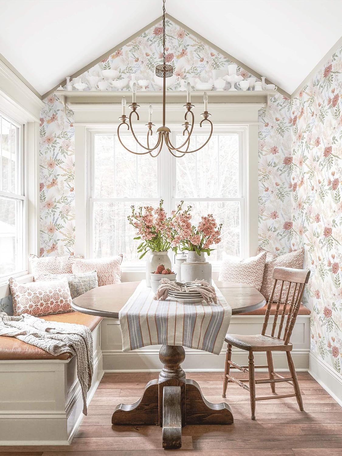 Dimoon 17.3''x78.7'' Peel and Stick Wallpaper Floral Cute Contact Paper Vintage Village Country Cottage Wallpaper Farmhouse Yellow Beige Renter Friendly Geometry Waterproof Embossed Kitchen Bedroom