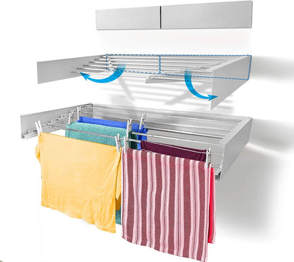 Step Up Laundry Drying Rack (28-INCH White), Wall Mounted, Retractable Clothes Drying Rack, 40lbs Capacity, 11.6 Linear Ft, with Wall Template and Long Screwdriver Bit