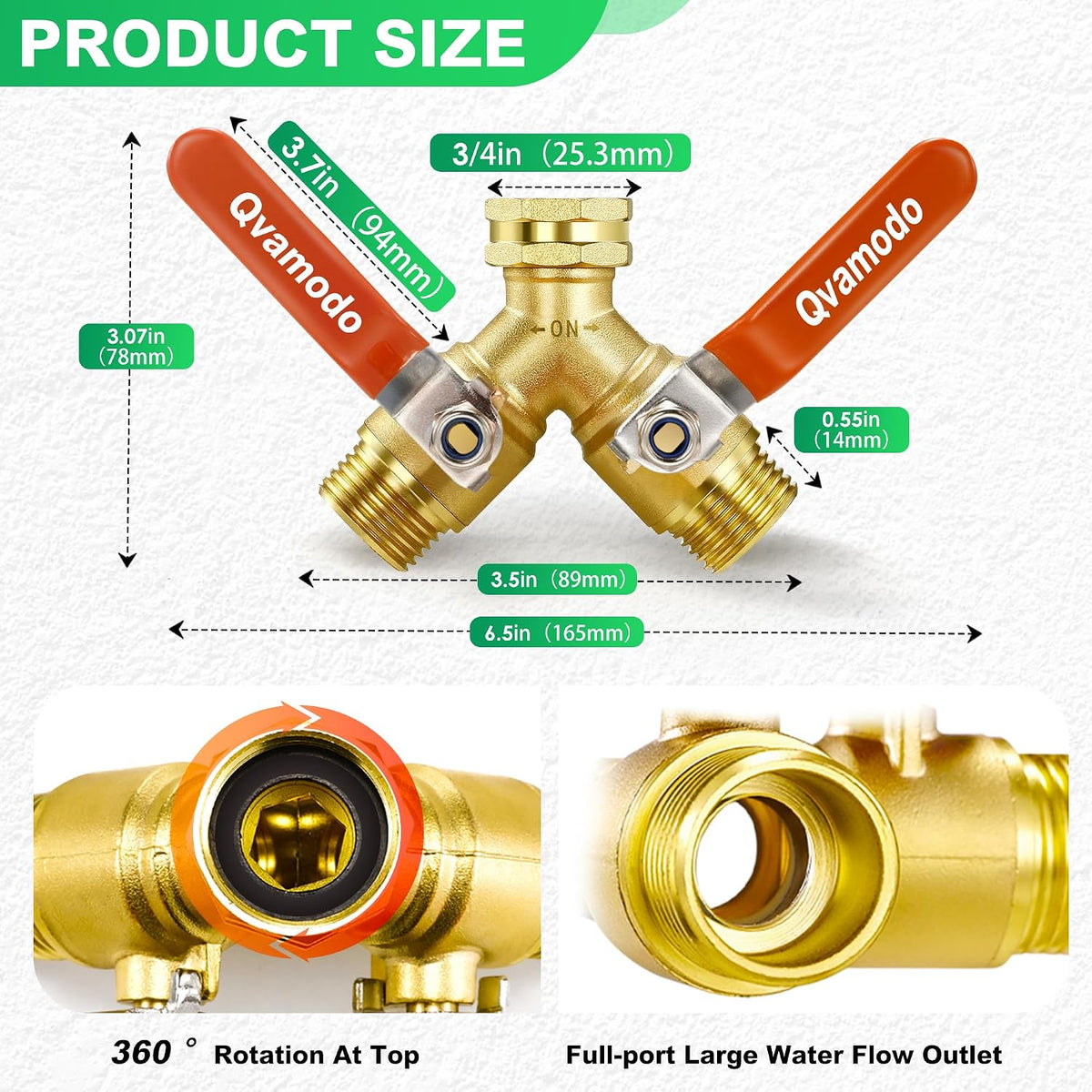 Garden Hose Splitter 3/4" GHT Full Flow 2 Way Brass Hose Splitter Heavy Duty All Metal Hose Y Splitter with Shutoff Outdoor Faucet Water Hose Splitter Y Valve Tap Adapter for Outdoor Garden
