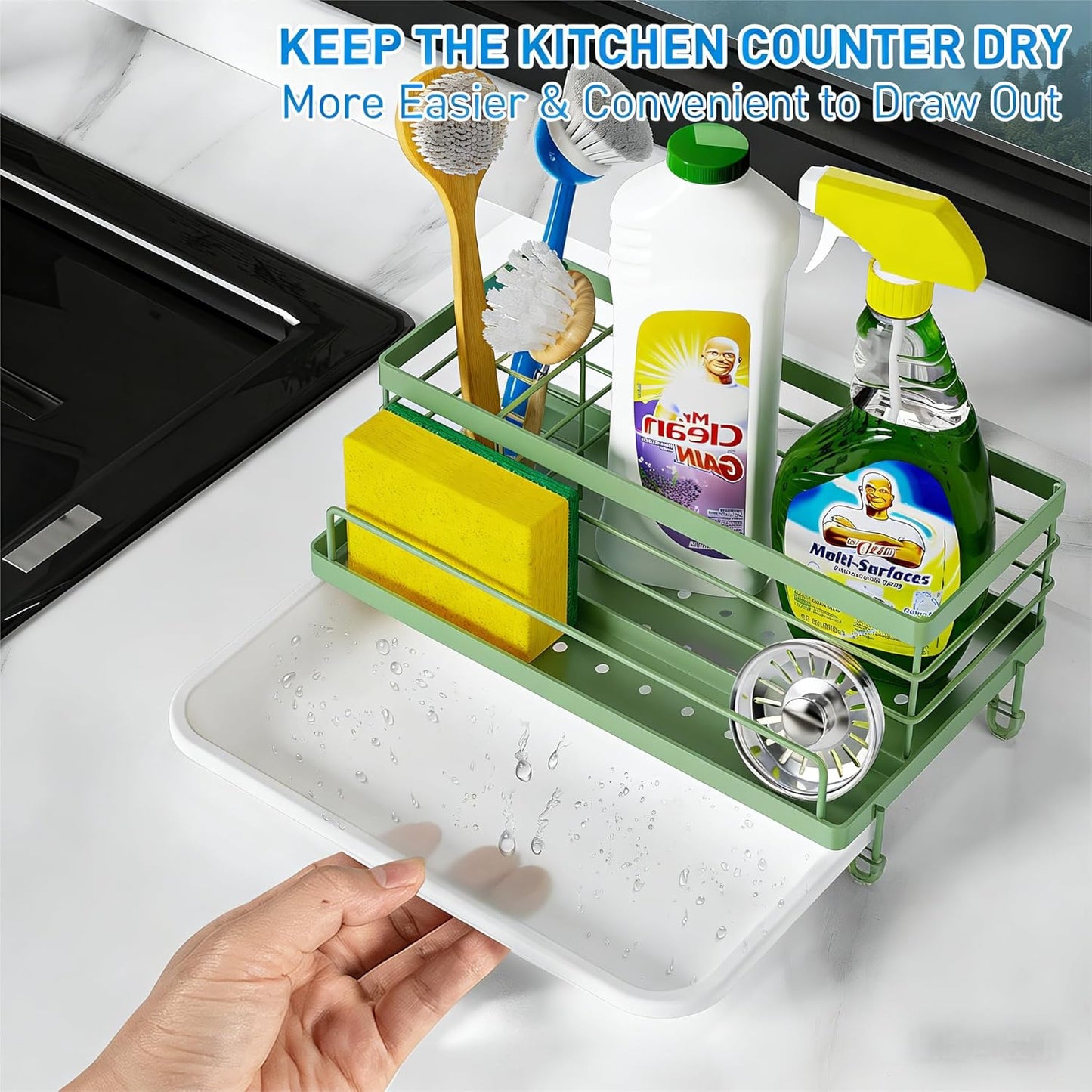 Cisily Stainless Steel Sponge Holder for Kitchen, Sink Caddy Sink Organizer Rack for Kitchen Accessories with Drip Tray, Rustproof and Non-slip, Dish Soap Dispenser Countertop Organizer