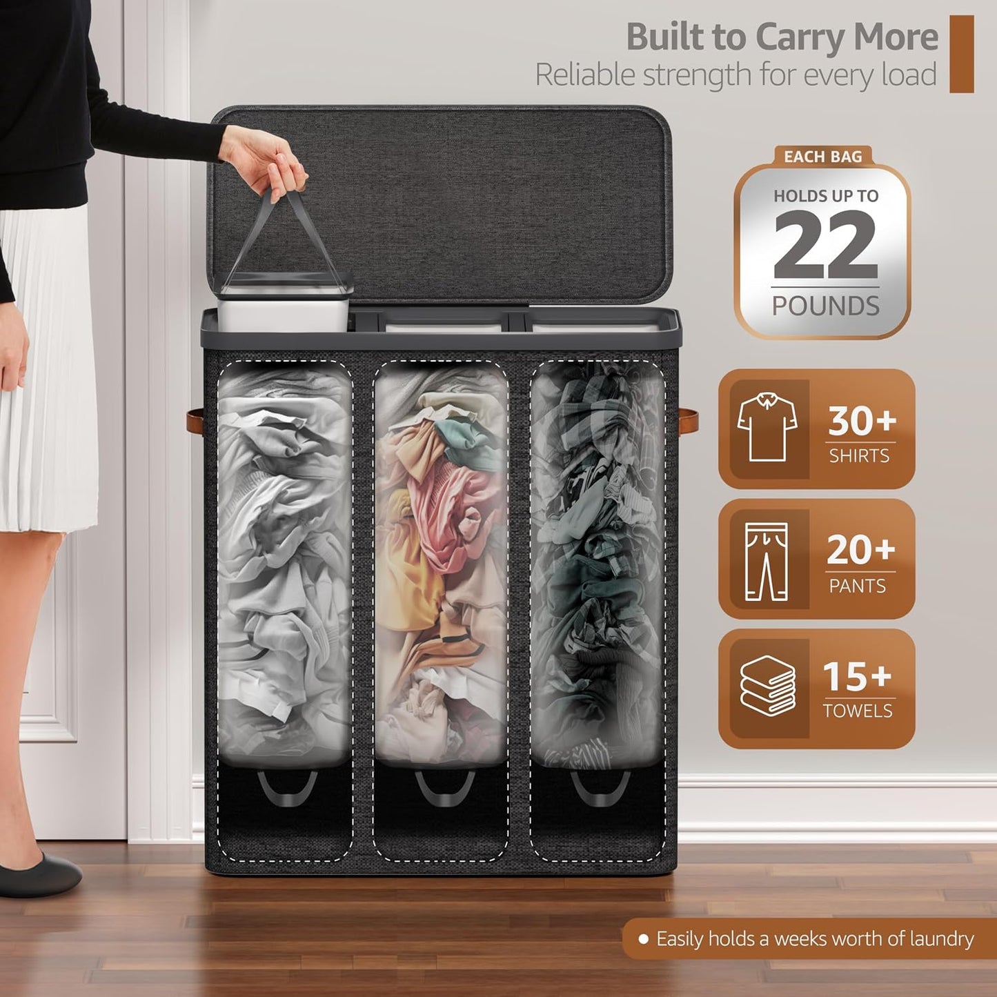 Sorbus Laundry Hamper with Lid - Collapsible 3-Compartment Fabric Laundry Basket with Handles and Removable Laundry Bag – 50 Gallon (190 L) Dirty Clothes Hamper for Bedroom, bathroom and dorm (Beige)
