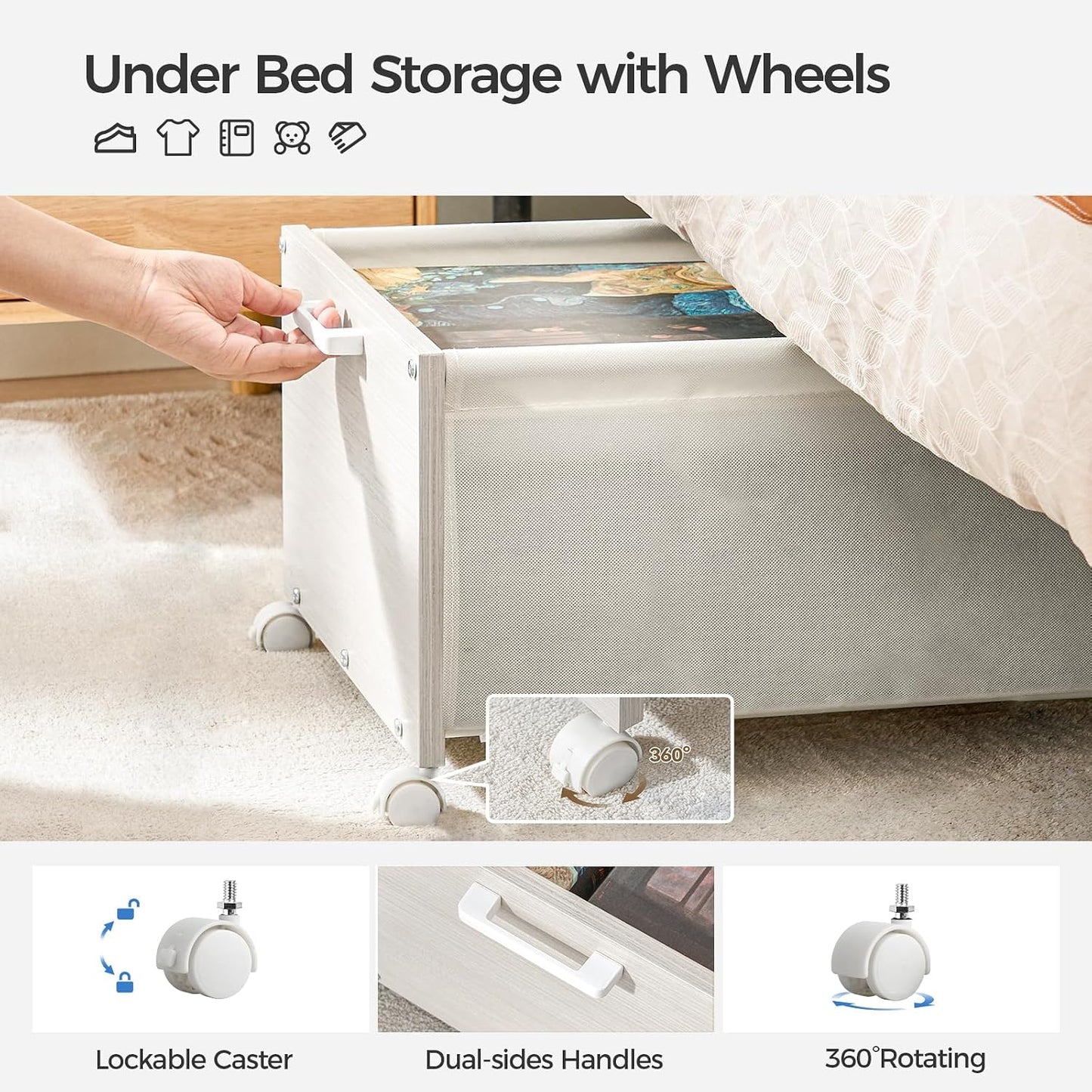 FOUCSSOMEI Under Bed Storage with Wheels, Wooden Under Bed Drawers On Wheels, Rolling Under Bed Shoe Storage, Space Saving, Rustic Brown,30L