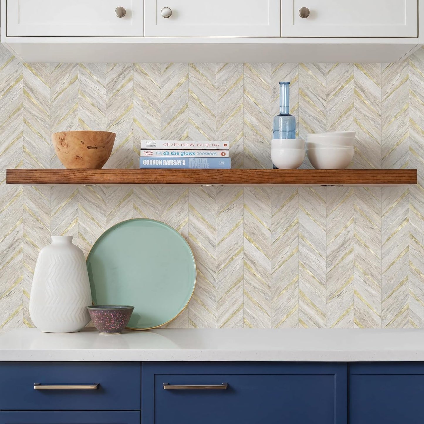 STICKGOO 10-Sheet Herringbone Tile Peel and Stick Backsplash, Beige Mixed Metal Gold PVC Stick on Backsplash, Self Adhesive Wall Tile for Kitchen and Bathroom