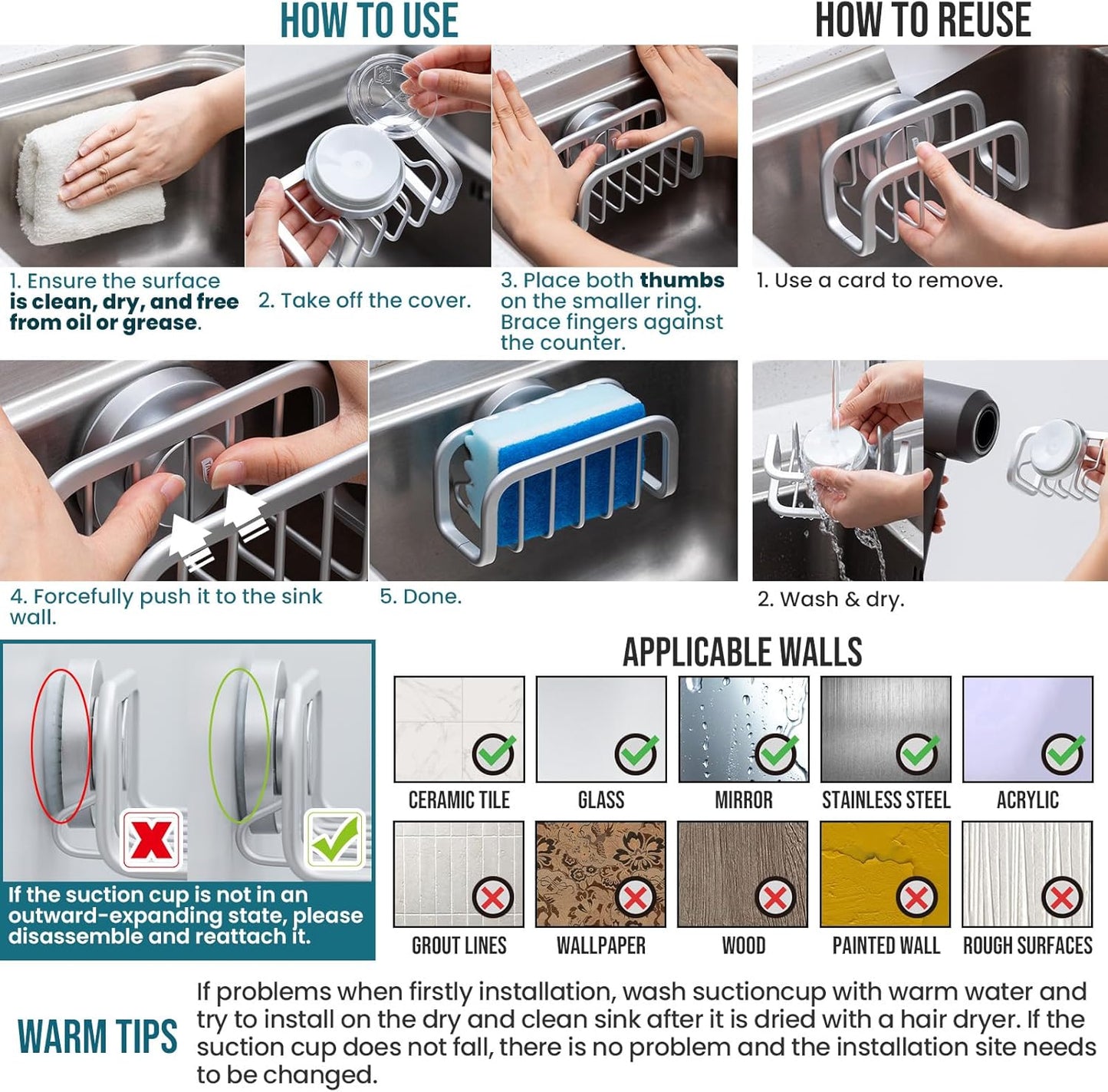 TAILI Sponge Holder with Strong Suction Cup, Dish Sponge Caddy Inside Sink Removable, Rustproof Aluminum for Sponges, Brushes, Stoppers and Scrapers - Black