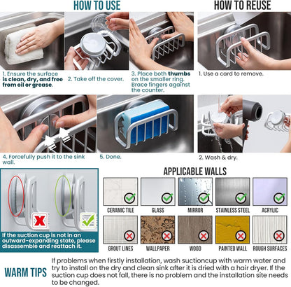 TAILI Sponge Holder with Strong Suction Cup, Dish Sponge Caddy Inside Sink Removable, Rustproof Aluminum for Sponges, Brushes, Stoppers and Scrapers - Black