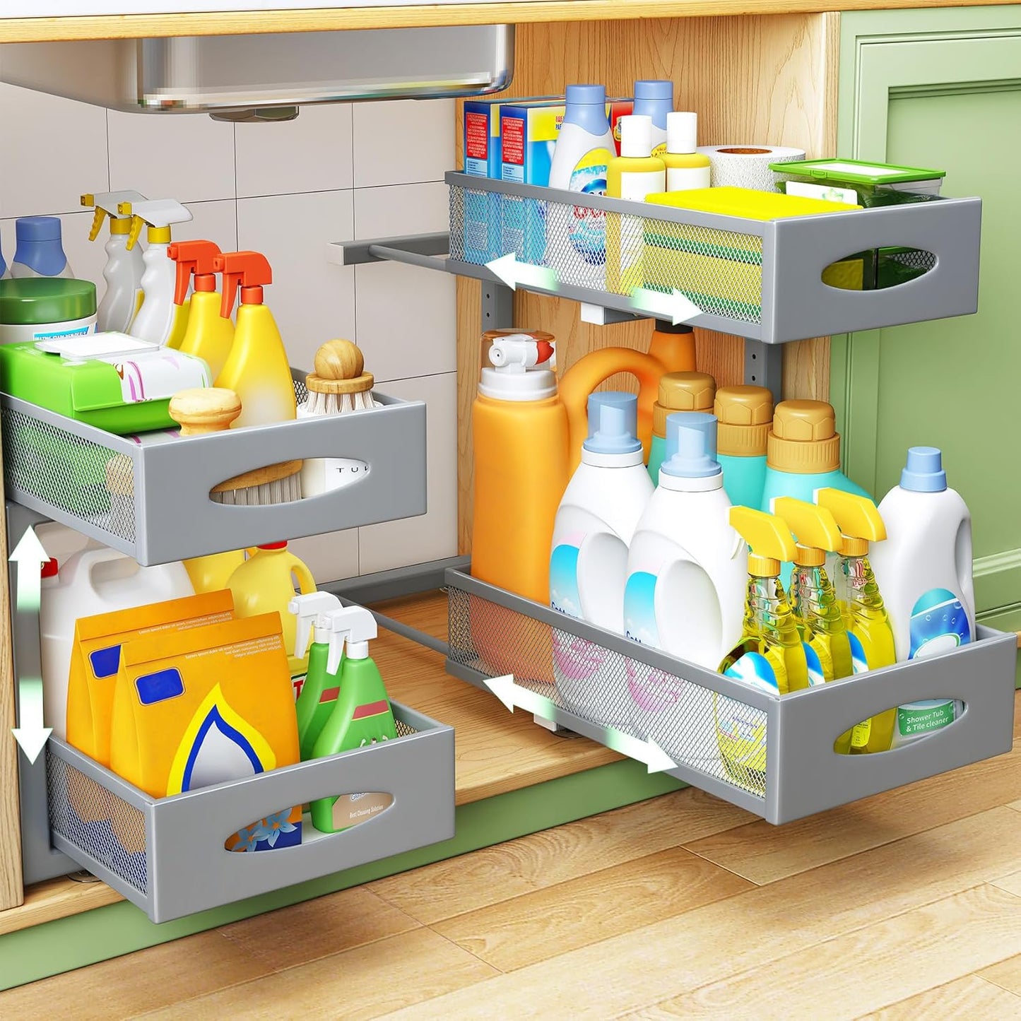 Under Sink Organizer, 2 Tier Pull out Cabinet Organizer Baskets with Mesh Sliding Drawers, Slide out Storage Shelf for Home, Kitchen, Bathroom, Pantry, Office Cabinet, Countertop(1 Pack)
