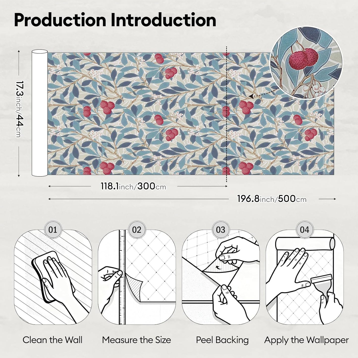 17"x118" Peel and Stick Wallpaper for Renter Friendly, Removable Wallpaper Peel and Stick, Self-Adhesive Textured Contact Paper for Walls, Cabinets, Countertops(Morning Song of Flowers)