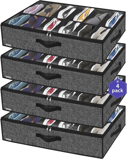 Onlyeasy Sturdy Under Bed Shoe Storage Organizer, Set of 2, Fit 12 to 24 Pairs, Underbed Shoes Closet Storage Solution with Clear Window, Breathable, L29.3 x W23.6 x H5.9, Linen-like Black, MXAUBSB2P