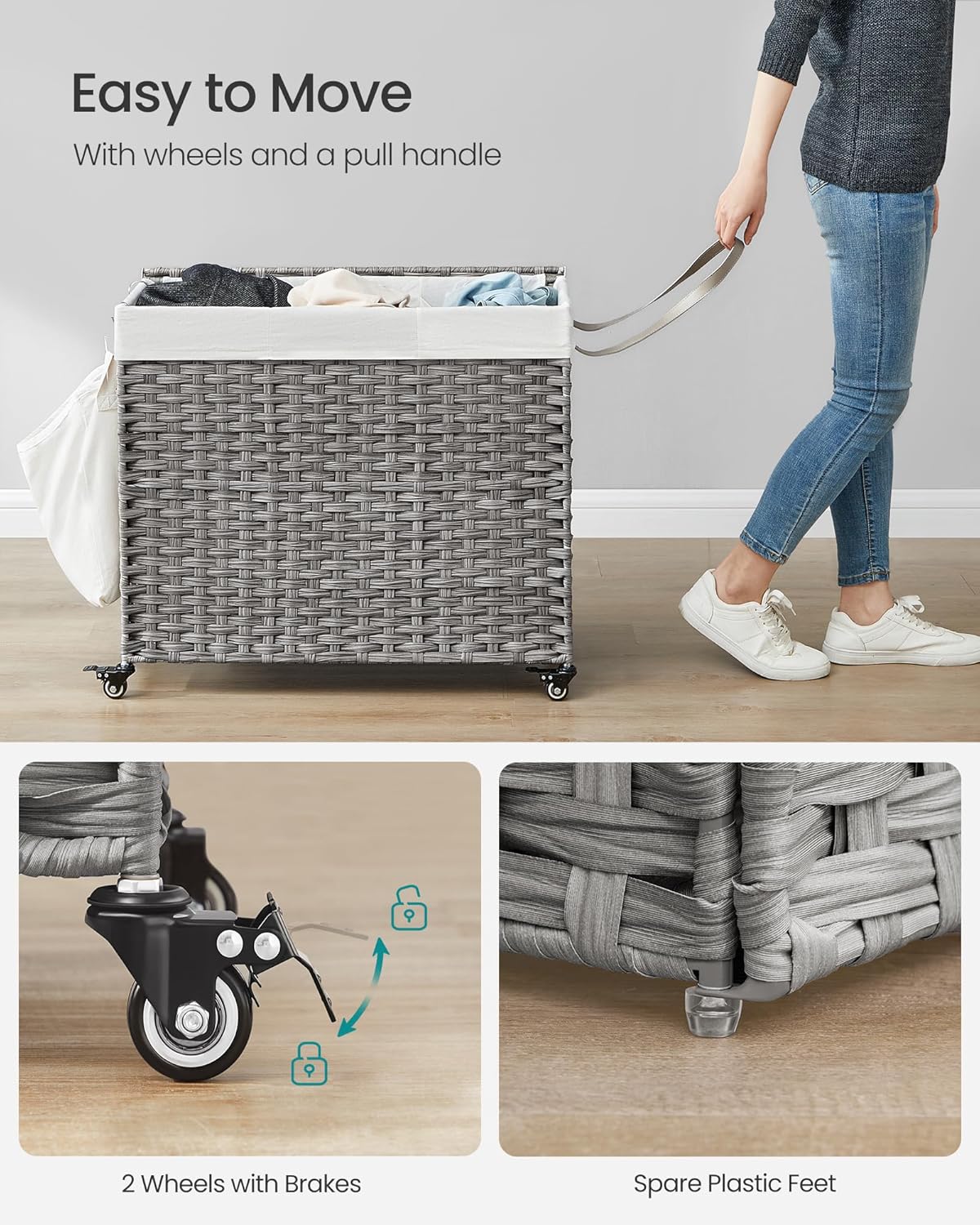 SONGMICS Laundry Hamper with Lid, 37 Gallons (140 L), Rolling Laundry Basket with Wheels, 3-Section Synthetic Rattan, Removable Liner, Bedroom, 26 x 13 x 26 Inches, Gray ULCB363G01