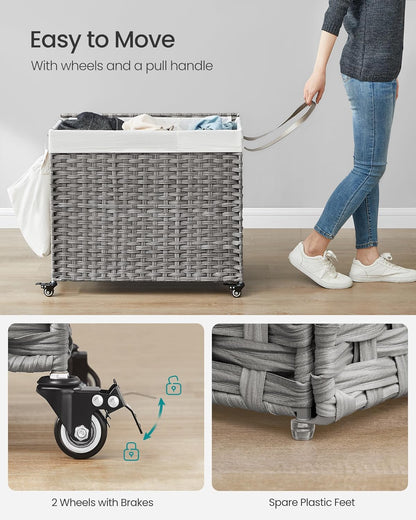 SONGMICS Laundry Hamper with Lid, 37 Gallons (140 L), Rolling Laundry Basket with Wheels, 3-Section Synthetic Rattan, Removable Liner, Bedroom, 26 x 13 x 26 Inches, Gray ULCB363G01