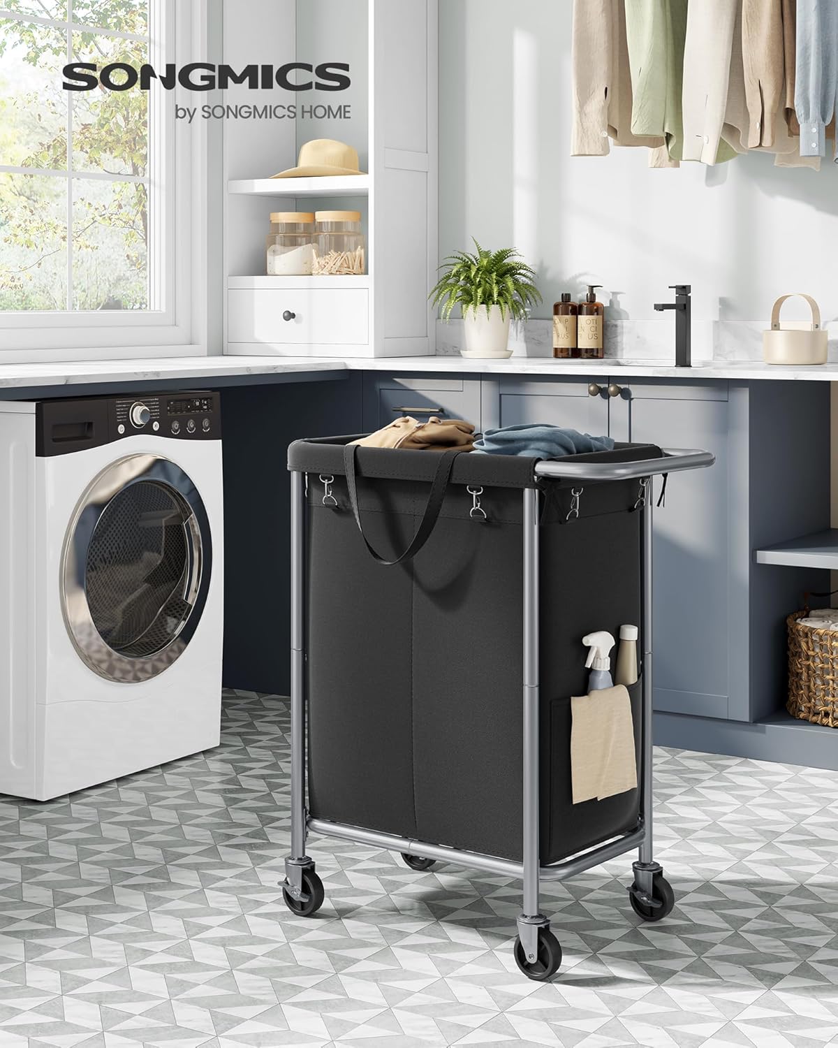 SONGMICS Laundry Basket with Wheels, 3-Section Rolling Laundry Hamper, 52.8 Gallons (200 L), Removable Liner, Steel Frame with Handle, 35.8 x 15.4 x 31.9 Inches, Cream White URLS005W01