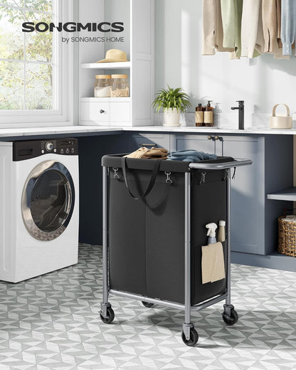 SONGMICS Laundry Basket with Wheels, 3-Section Rolling Laundry Hamper, 52.8 Gallons (200 L), Removable Liner, Steel Frame with Handle, 35.8 x 15.4 x 31.9 Inches, Cream White URLS005W01