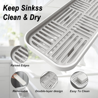 2-in-1 Kitchen Sink Caddy Organizer with Plastic Drain Grate, Double-Layer Drain Sponge Soap Holder & Food Fruit Vegetable Drain Tray for Sink Countertop Home Kitchen Restaurant Hotel, Grey (1 Pack)