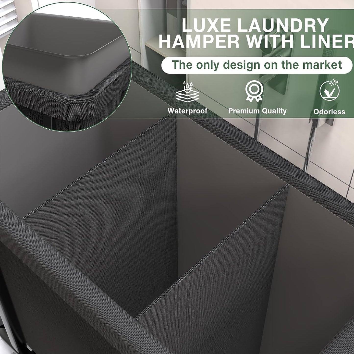 60 Gal(230L) Laundry Basket with Lid, Rolling Laundry Hamper with Wheels, Dirty Clothes Hamper with Metal Frame and Removable Bag Design, Suitable for Laundry Room, Bedroom (Black, 3 Section 230L)