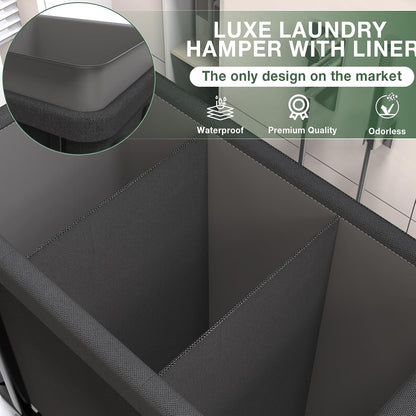 60 Gal(230L) Laundry Basket with Lid, Rolling Laundry Hamper with Wheels, Dirty Clothes Hamper with Metal Frame and Removable Bag Design, Suitable for Laundry Room, Bedroom (Black, 3 Section 230L)