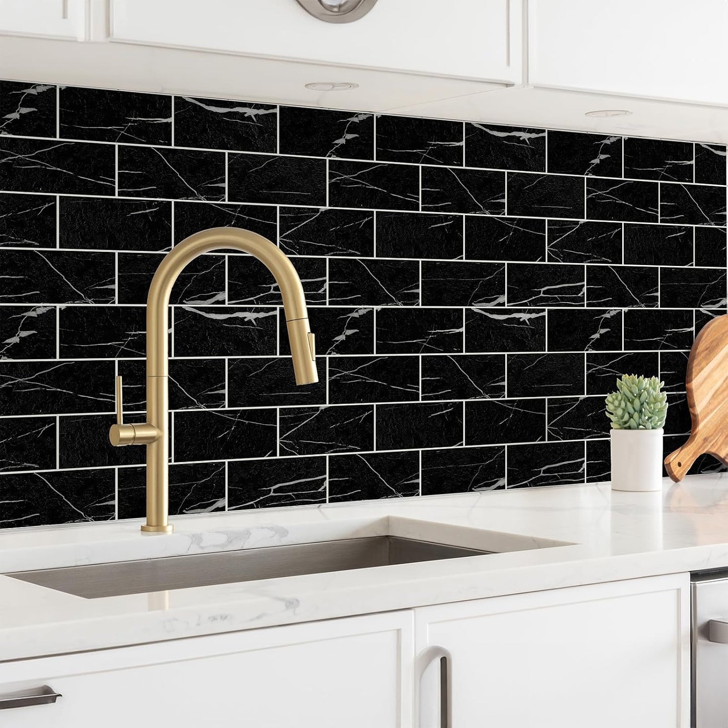 StyloVue 100 Pieces Peel and Stick Backsplash for Kitchen, 3" x 6" PVC Subway Tile, Glossy White with Dark Gray Grout, Self Adhesive Stick on Wall Tiles for Kitchen, Bathroom, Fireplace, RV
