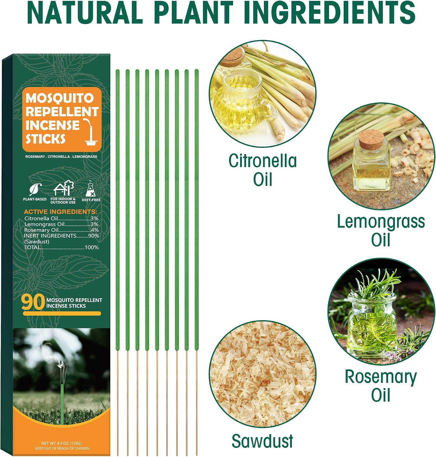 90 pcs Mosquito Repellent Outdoor Patio Sticks, Citronella Repellent Incense Sticks, Natural Essential Oil Incense, Repel Mosquito for Indoor, Patio, Camping, Fishing