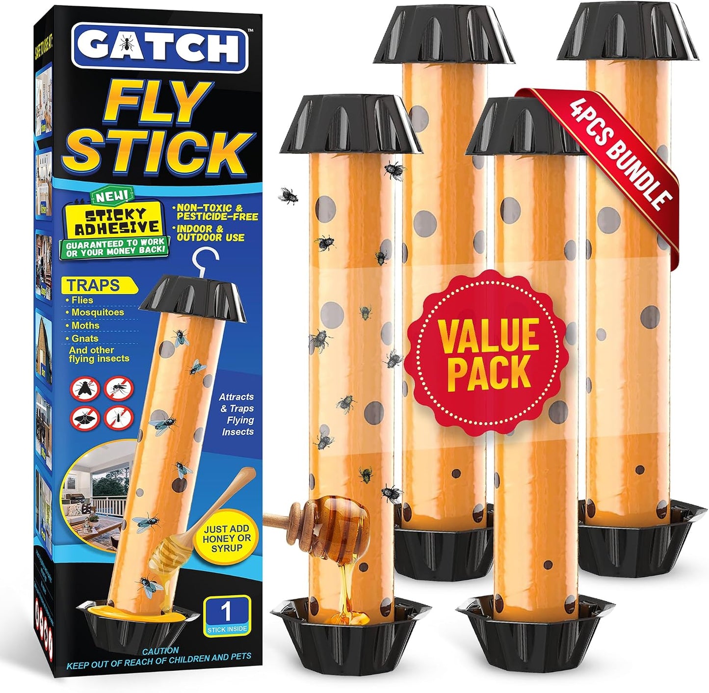 GATCH Fruit Fly Trap (3 Pack), Fly Stick for Mosquitoes, Sticky Trap for Flies Gnats Wasp Flying Insects, Bug Catcher, Indoor or Outdoor Use, Ready to Use Home