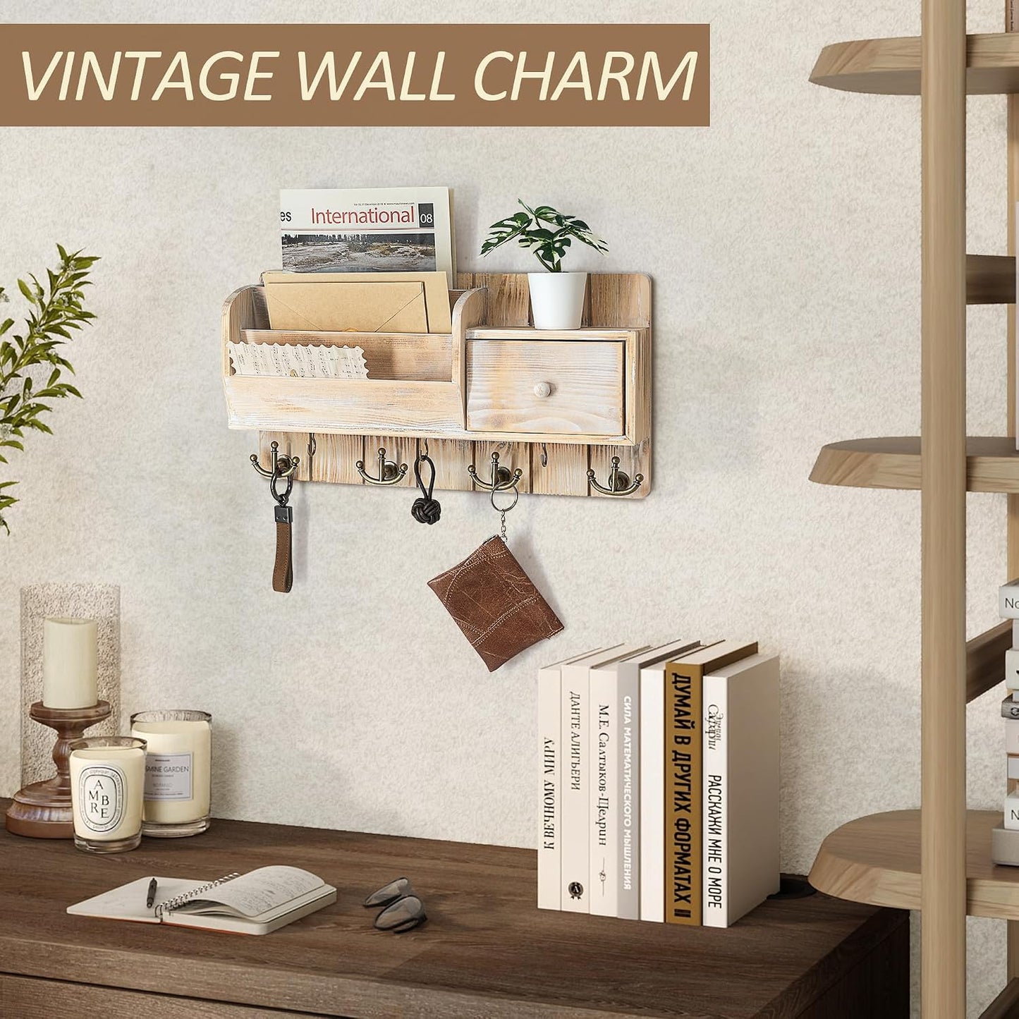 Rebee Vision Key and Mail Holder Wall Mount - Mail Organizer Wall Mount with Storage Hooks and Drawer for Modern Farmhouse Decor - Mail Organizer Wall Mounted for Rustic Apartment Essentials (Brown)