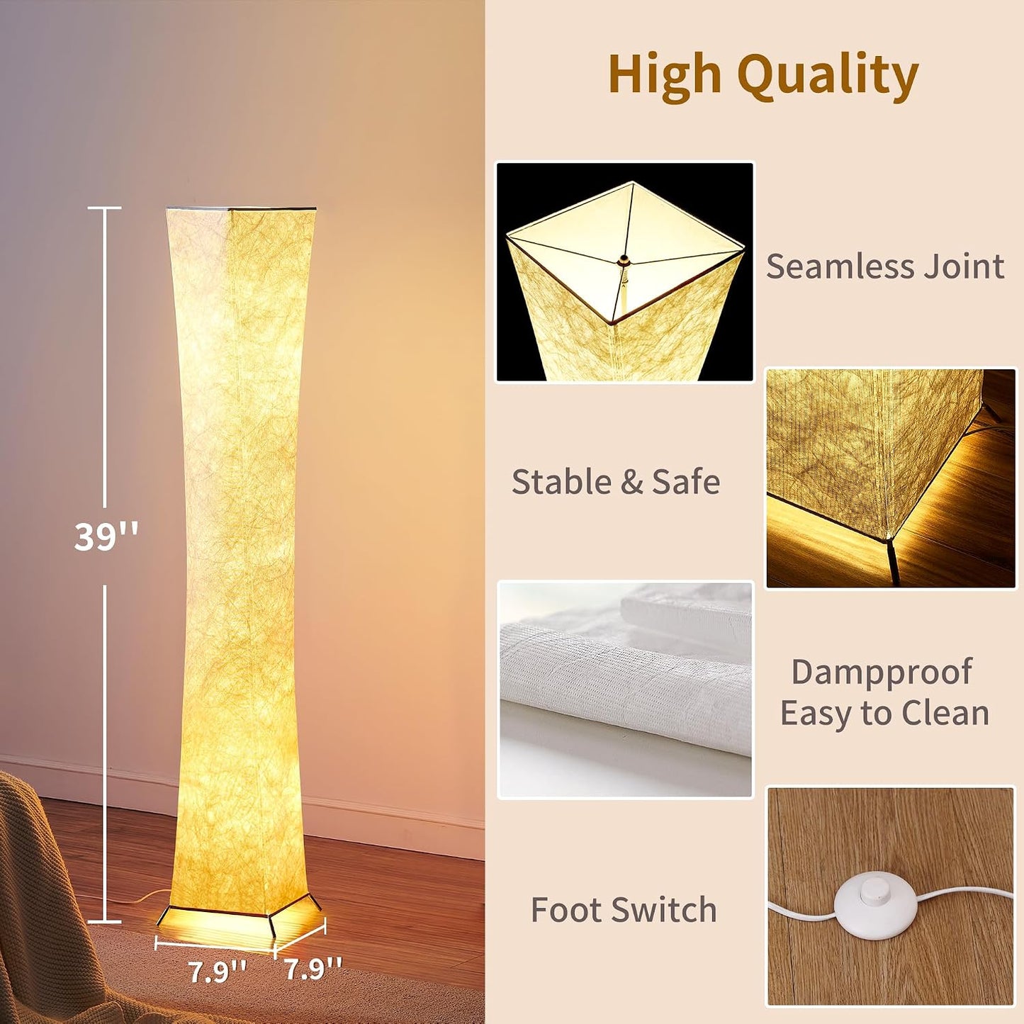chiphy Floor Lamp, Dimmable 61" Tall Standing Lamp, 3 Levels Adjustable Brightness 12Wx2 LED Bulbs, Column Floor Light w/White Fabric Shade, Home Decor for Living Room, Bedroom, Kids Room