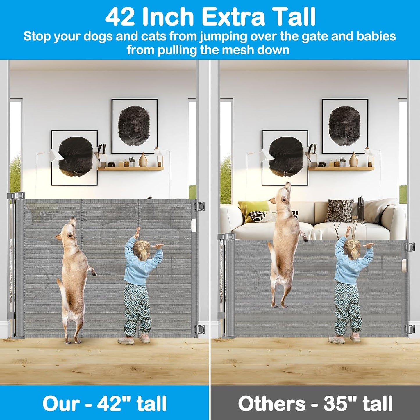 42 Inch Extra Tall Retractable Baby Gates with Reinforced Strips 55 Inch Wide Outdoor Retractable Dog Gate No Sag Extra Tall Baby Gate for Doorway Anti-Scratch Mesh Gates for Kids or Pets, White