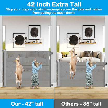42 Inch Extra Tall Retractable Baby Gates with Reinforced Strips 55 Inch Wide Outdoor Retractable Dog Gate No Sag Extra Tall Baby Gate for Doorway Anti-Scratch Mesh Gates for Kids or Pets, White