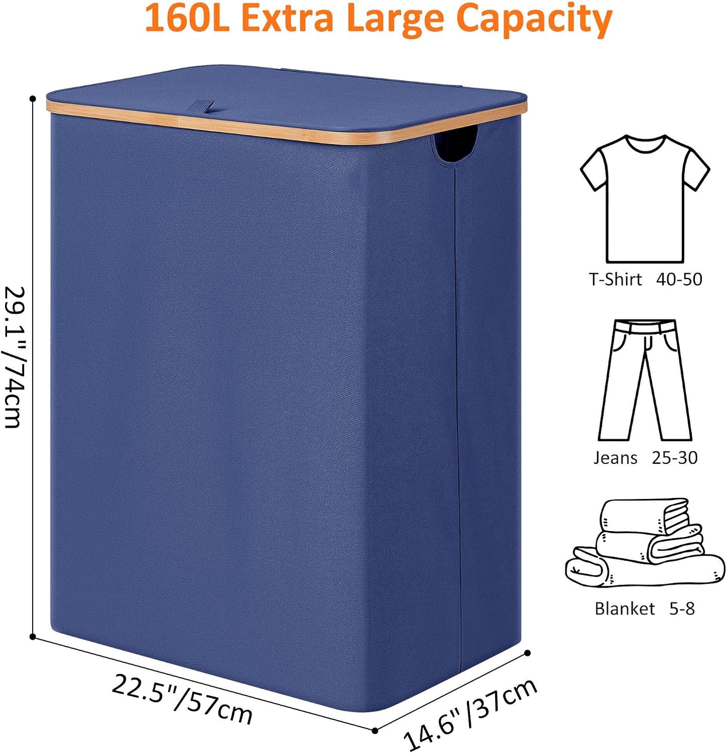 efluky Laundry Hamper with Lid, Trio Laundry Basket with 2 Removable Bags, 3 Section Laundry Bin with Bamboo Handles for Bathroom, Bedroom & Laundry Room, 160L (42.3 Gallon) Beige
