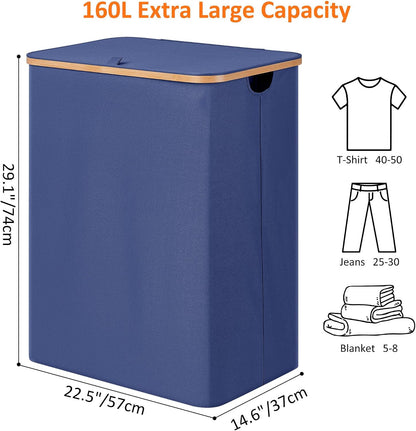 efluky Laundry Hamper with Lid, Trio Laundry Basket with 2 Removable Bags, 3 Section Laundry Bin with Bamboo Handles for Bathroom, Bedroom & Laundry Room, 160L (42.3 Gallon) Beige