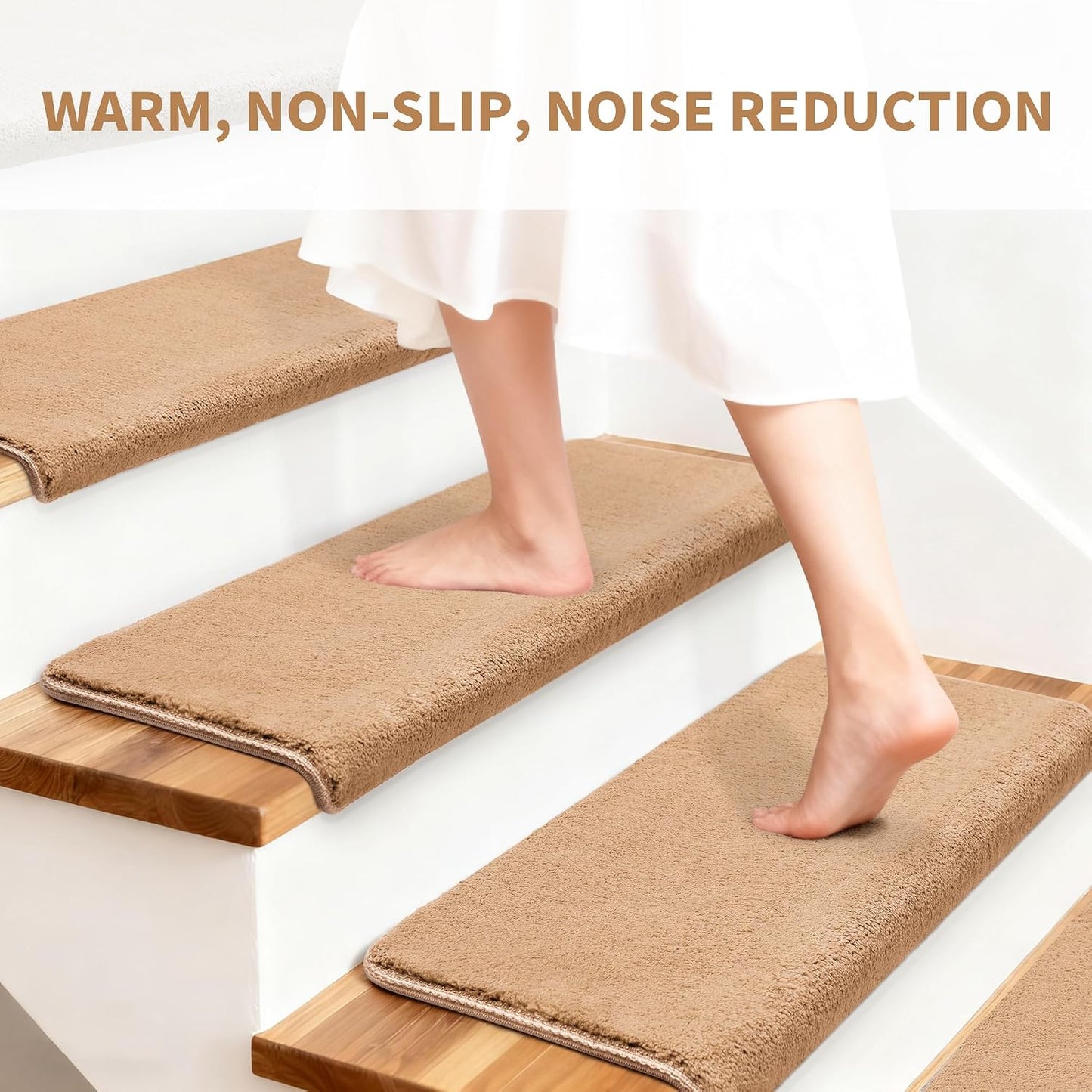 Bullnose Stair Treads Non Slip 9.5" x 32", 14 Pcs Ultra Plush Carpet Stair Treads for Wooden Steps Indoor with Edge Protection, Reusable Peel and Stick TPU Backing Stair Runner Rugs - Beige Gray