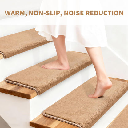 Bullnose Stair Treads Non Slip 9.5" x 32", 14 Pcs Ultra Plush Carpet Stair Treads for Wooden Steps Indoor with Edge Protection, Reusable Peel and Stick TPU Backing Stair Runner Rugs - Beige Gray