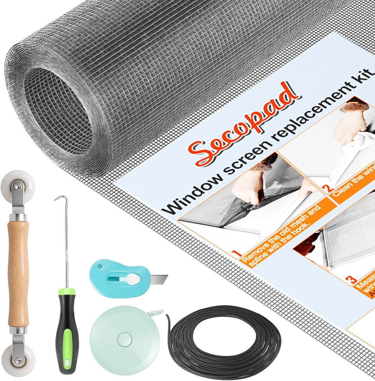 Secopad Window Screen Repair Kit, 39" x 78" Screen Door Mesh Replacement Kit, Durable Fiberglass Roll with Tools for Windows Doors Patio and Porch Replacement, Black