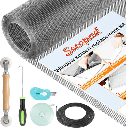 Secopad Window Screen Repair Kit, 39" x 78" Screen Door Mesh Replacement Kit, Durable Fiberglass Roll with Tools for Windows Doors Patio and Porch Replacement, Black