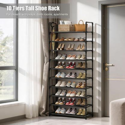 Shoe Rack, 10 Tier Shoe Storage Organizer with Hooks,Fit 40-45 Pairs Shoes,Metal Tall Shoe Shelf for Closet,Entryway, Hallway,Garage,Bedroom,Cloakroom
