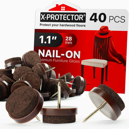Nail-on Felt Pads X-PROTECTOR 40 PCS - 0.85" Felt Furniture Pads - Brown Chair Leg Floor Protectors - Nail in Furniture Pads for Furniture Legs - The Best Felt Chair Pads for Hardwood Floors (22mm)!