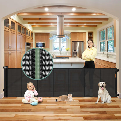 Reinforced 55" Wide Retractable Baby Gates with Reinforced Strips, Indoor/Outdoor Retractable Dog Gate for Doorway Prevent Bottom Drilling Through, No Bottom Bar Safety Mesh Baby Gate for Stair, Black
