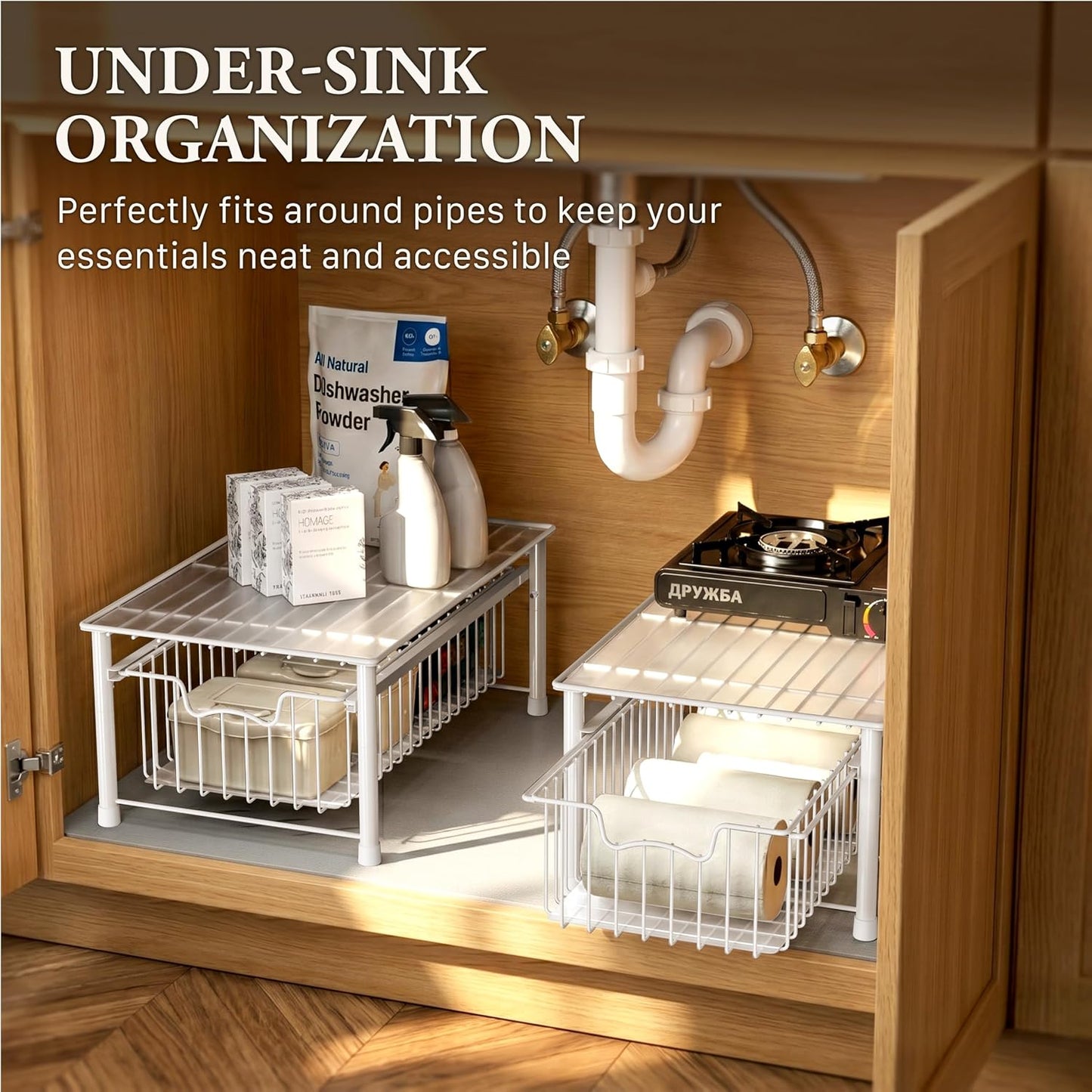 Simple Houseware Stackable 2 Tier Sliding Basket Organizer Drawer, Chrome