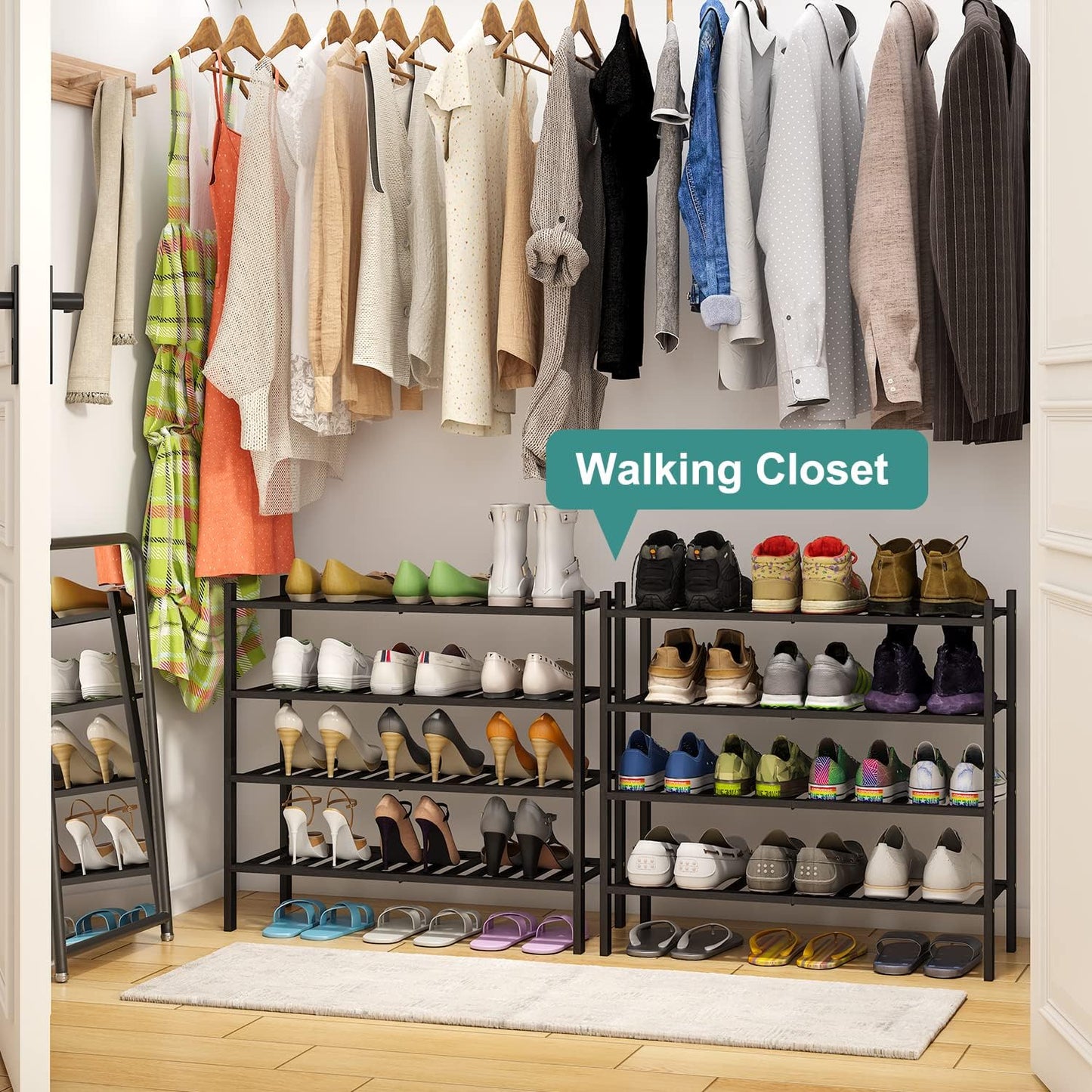 viewcare 3-Tier Black Bamboo Shoe Rack for Entryway, Stackable | Foldable | Natural, Shoe Shelf Storage Organizer for Hallway Closet, Free Standing Shoe Racks for Indoor Outdoor