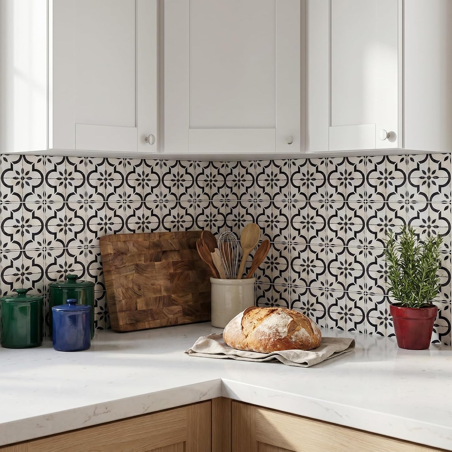 Peel‑and‑Stick Kitchen Backsplash Tiles, 30 PCS 4x4 Inch Neutral Boho Moroccan Decals – Self‑Adhesive Waterproof Vinyl Stickers for Walls & Stair Risers, Easy DIY Upgrade (Beige)