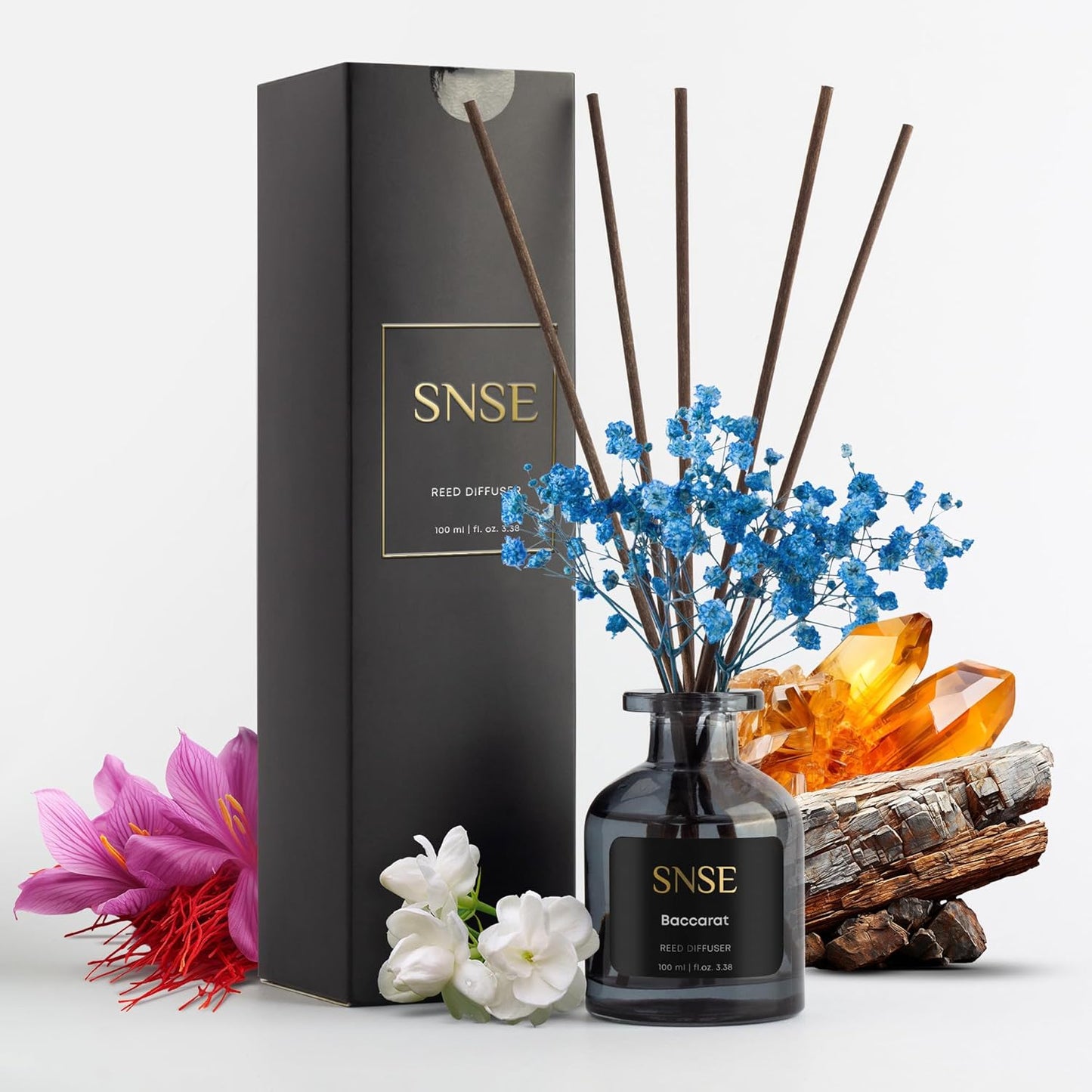 SNSE Tobaco & Vanilla with Flowers Perfumed Reed Diffuser Set | 3.38 oz Scent Fragrance Oil Diffuser for Bedroom, Bathroom, Home Décor and Gift, Decorative Air Fresheners with Sticks