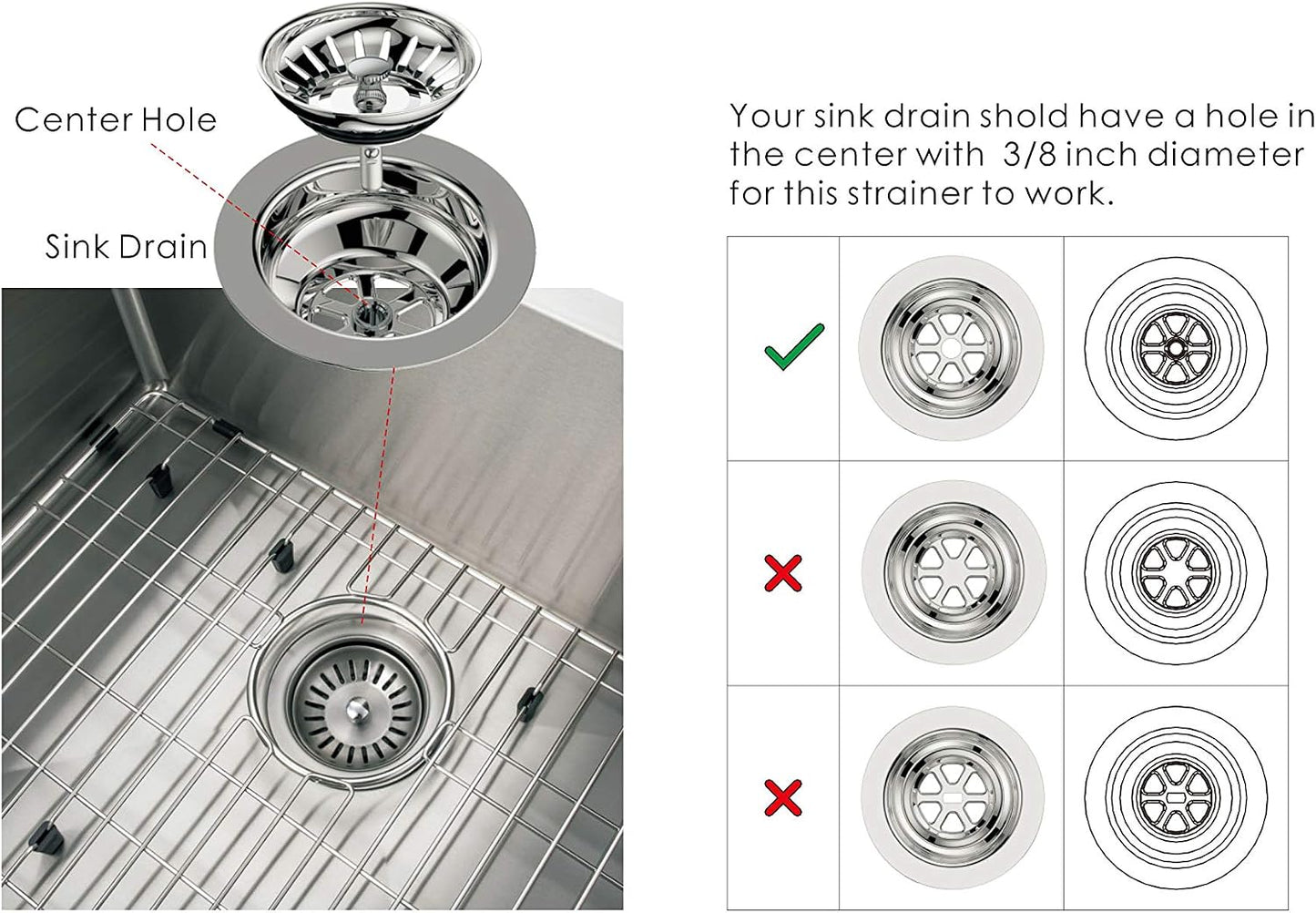 KANARY Kitchen Sink Basket Strainer Replacement for Standard Drains (3-1/2 Inch) Stainless Steel Body with Rubber Stopper (Pack of 2, Stianless Steel)