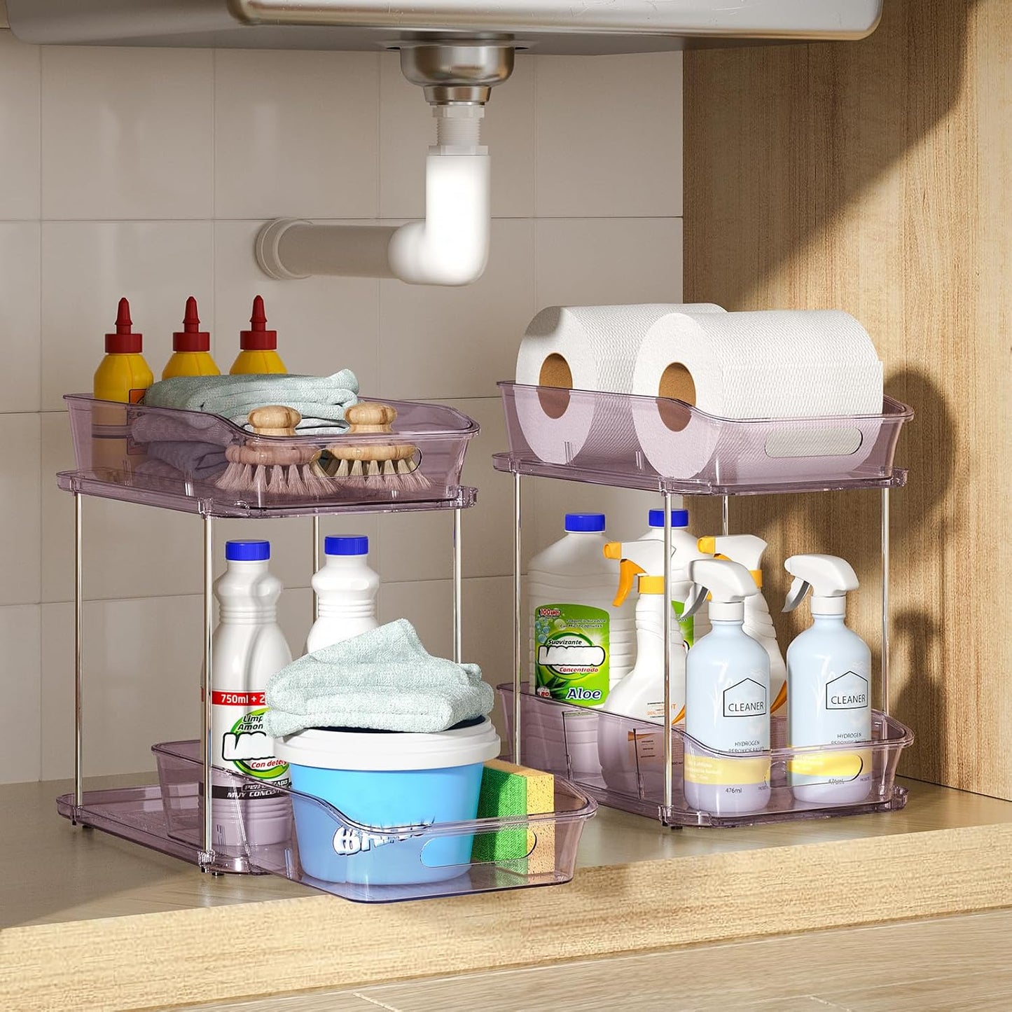Delamu 2-Tier Under Sink Organizers and Storage, Multi-Purpose Stackable Bathroom Cabinet organizers, Pull Out Kitchen Pantry Organization and Storage with Dividers(2 Pack, Clear)