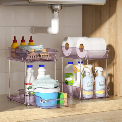 Delamu 2-Tier Under Sink Organizers and Storage, Multi-Purpose Stackable Bathroom Cabinet organizers, Pull Out Kitchen Pantry Organization and Storage with Dividers(2 Pack, Clear)