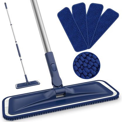 Microfiber Mops for Hardwood Floor Cleaning - BPAWA Flat Floor Mop with 4 Washable Pads for Laminate Wood Tile Vinyl Home Kitchen Bathroom - 59" Adjustable Handle